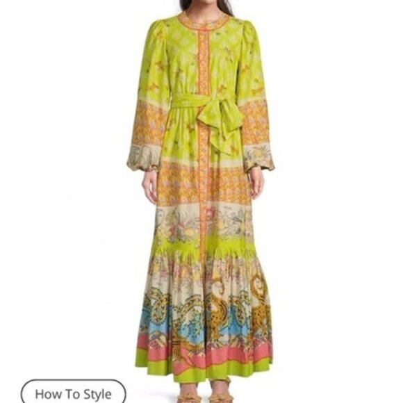 A Loves A Hummingbird Print Maxi Dress Balloon Sleeve Button Front Green RARE XL - Picture 4 of 11